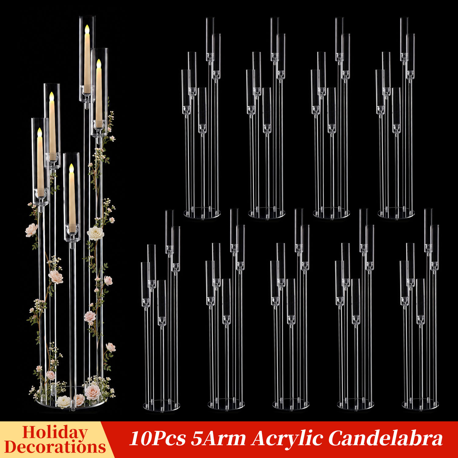 Centerpiece Stick - Akrylowy świecznik 5-ramienny, wysoki, przezroczysty, dekoracja